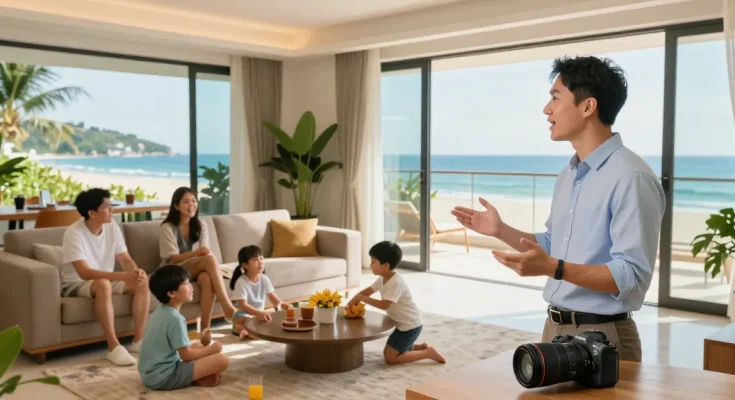 다낭 아파트 월세 소개, 가족과 함께하는 현대적인 해변가 아파트 장면