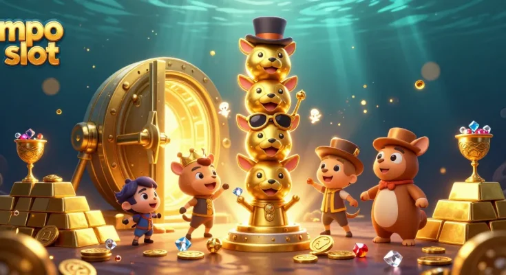 Engage with mpo slot's vibrant 3D illustration of a golden totem and casino elements for gaming excitement.