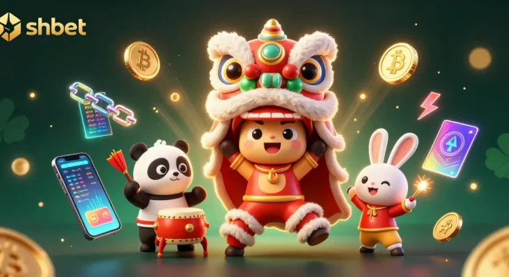 Win big at shbet with this festive 3D celebration featuring a lion dance, crypto coins, and casino games.