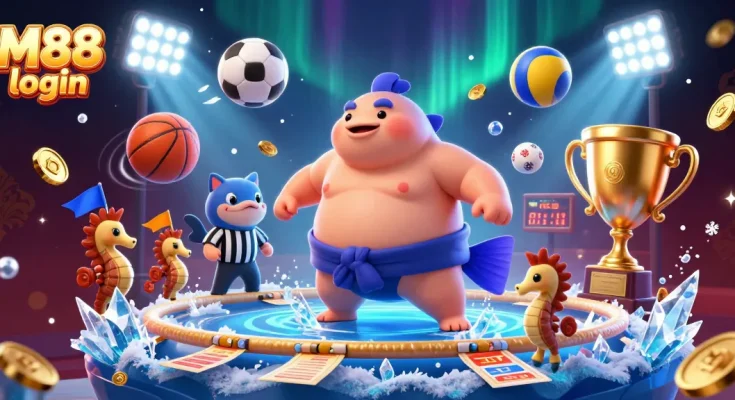 M88 login and win big with engaging games featuring a 3D blowfish in a sumo arena.