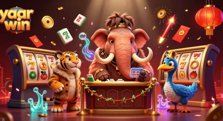 An engaging casino scene featuring the "yaar win" brand, with a woolly mammoth bouncer, saber-tooth tiger guest, and dodo doorman.