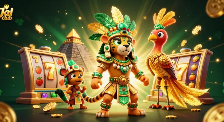 Experience thrilling wins at Jai club with a dynamic 3D illustration of lucky slot games and engaging characters.