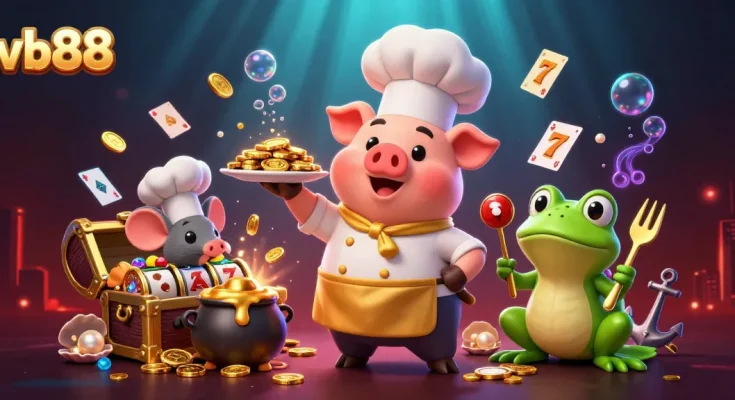Engage with vb88's slots through a vibrant 3D illustration showcasing culinary delights and treasures.