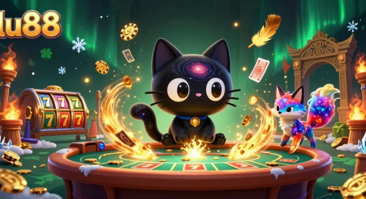 lu88's cosmic casino adventure with a black hole cat pulling in golden chips and cards, surrounded by vibrant game elements.