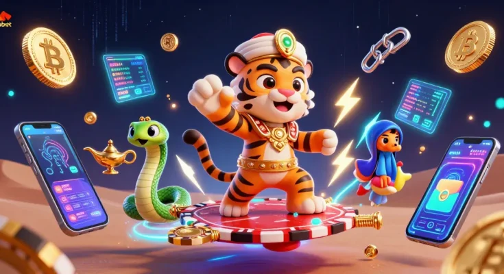 Engage in thrilling gaming adventures with mubet featuring a magical tiger sultan on a poker chip carpet.