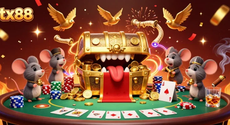 Engage with tx88's thrilling casino adventure featuring a treasure chest and poker elements.