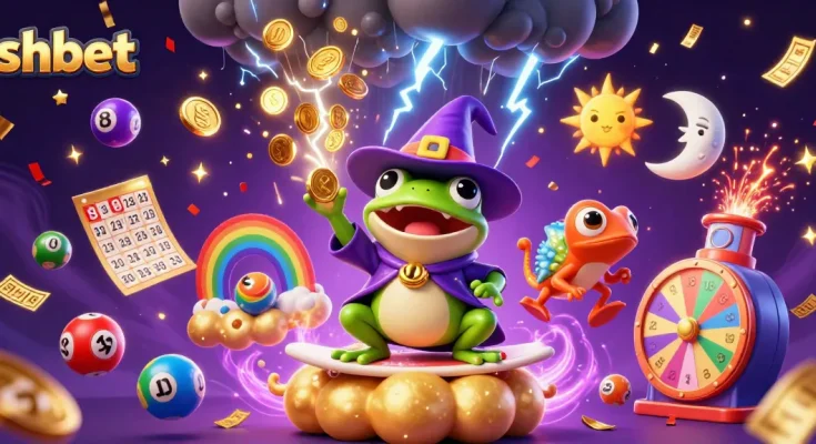 Join shbet in a vibrant celebration of gaming, featuring a wizard frog and chameleon amid golden coins and colorful elements.