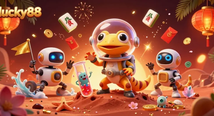 Experience lucky88's thrilling casino adventure with a Martian gecko discovering hidden treasures.