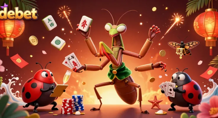 Experience debet's vibrant casino scene with a cartoon mantis and ladybug characters.