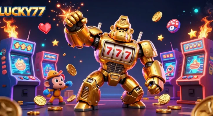 LUCKY77 showcases excitement with a glowing gorilla mech and vibrant arcade elements in a casino scene.