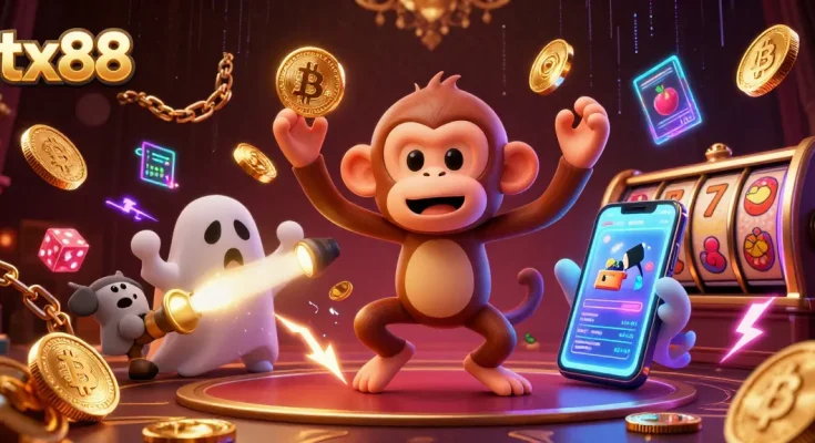 Engage with tx88's exciting casino atmosphere featuring a playful ghost and crypto elements.