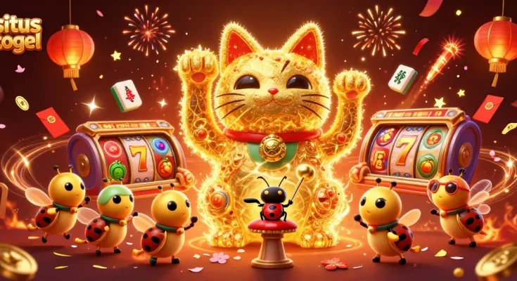 Join the excitement of situs togel with a vibrant lucky cat and casino symbols in a festive scene.