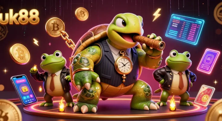 Experience thrilling gameplay at uk88 with a vibrant 3D casino illustration featuring unique characters and crypto elements.