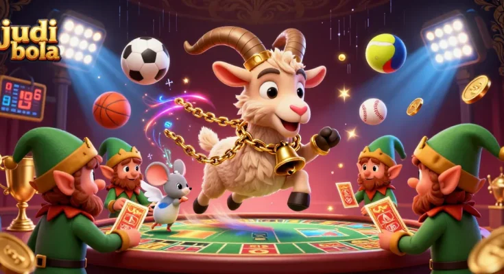 Engage in thrilling judi bola actions featuring vibrant sports balls and festive casino elements highlighting sports betting excitement.