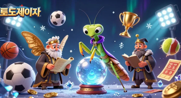 Engaging 토토사이트 scene with a fortune teller and sports elements, showcasing dynamic betting activities.