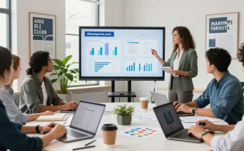 Diverse team collaborating on marketing strategies featuring dianneprice.com analytics in a bright office.