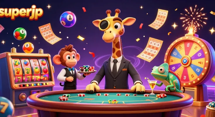 Experience superjp excitement with a vibrant scene featuring a high-roller giraffe and dynamic casino elements.