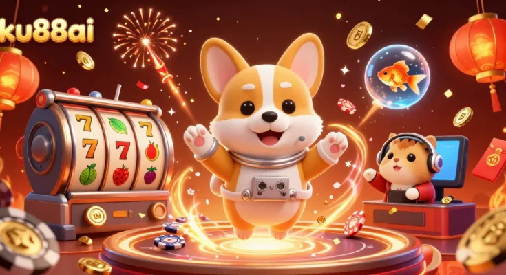ku88ai showcases a thrilling space casino scene featuring an astronaut corgi and dynamic gambling elements.