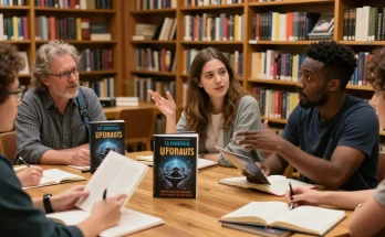 Engaging discussion on T Allen Greenfield's UFOnauts at https://tallengreenfield.com in a cozy library setting.