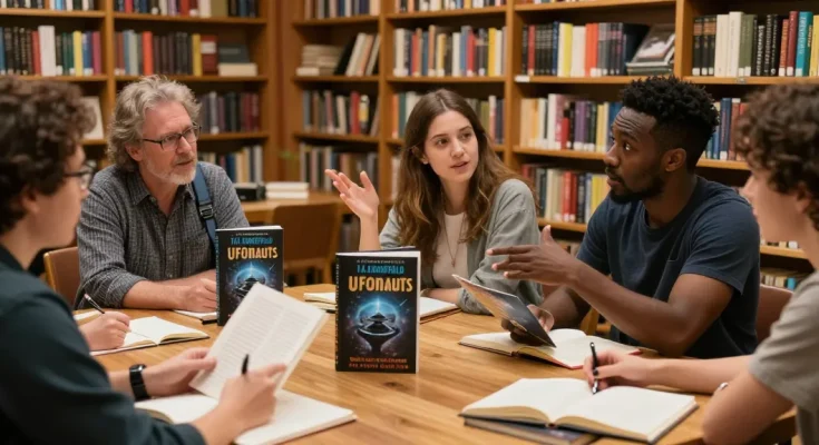 Engaging discussion on T Allen Greenfield's UFOnauts at https://tallengreenfield.com in a cozy library setting.