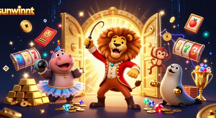 Engage with thrilling slot action at sunwinnt featuring vibrant 3D circus characters and casino symbols.