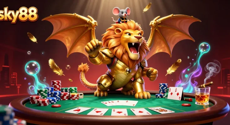 Engage with sky88 as the golden chimera creature and mouse jockey dominate the lively poker scene.