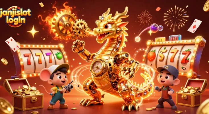 Experience winning excitement with janjislot login in this vibrant casino scene filled with dynamic slot elements.