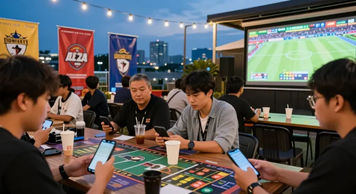 Social gathering discussing 토토사이트 with mobiles and screens displaying odds.