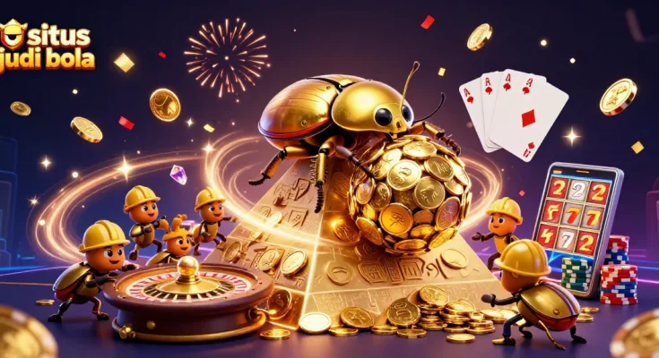 Situs judi bola promotional illustration featuring golden beetles rolling coins and cascading gems.