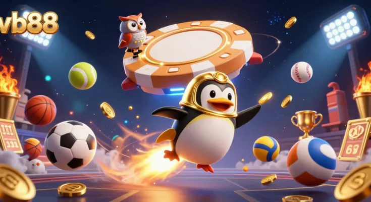 Experience the thrill of vb88 with a golden penguin racing towards a poker chip space station amidst flying sports elements.