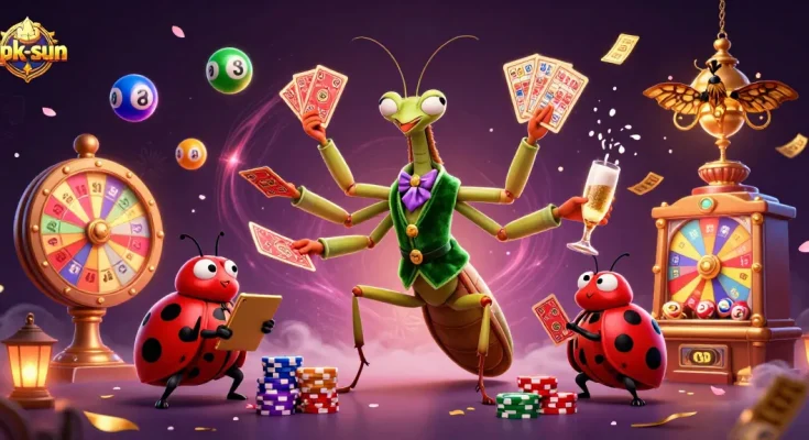 Celebrate wins with apk-sun as a giant praying mantis deals cards amidst a vibrant casino scene.