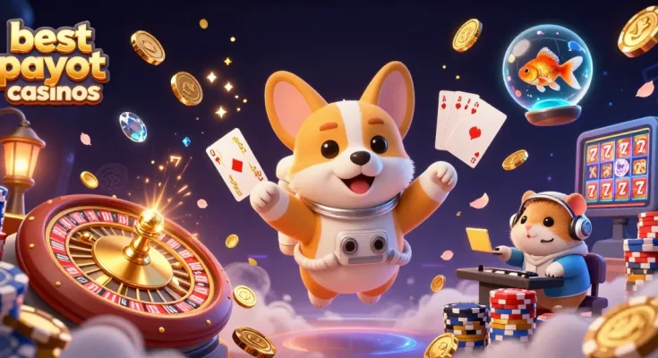 Experience the thrill of best payout casinos with cosmic characters navigating a vibrant space casino.