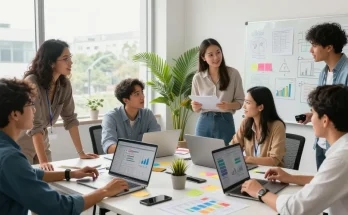 Team brainstorming innovative startup ideas at https://www.startsomethingpc.com in a vibrant office.