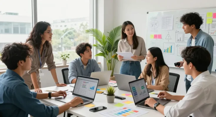 Team brainstorming innovative startup ideas at https://www.startsomethingpc.com in a vibrant office.