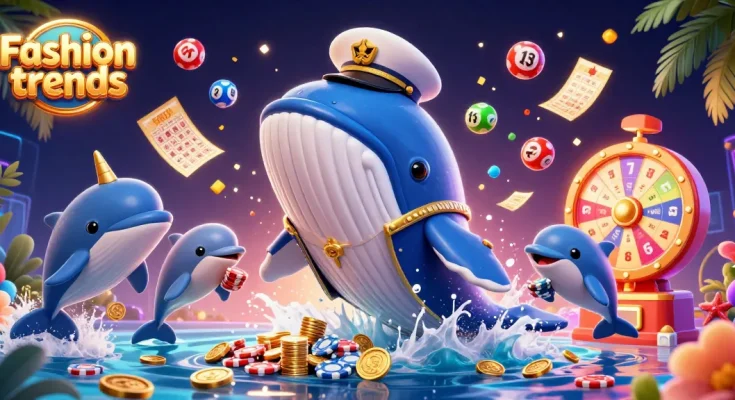 Fashion trends in a vibrant 3D scene featuring a whale breaching coins with playful dolphins gambling.