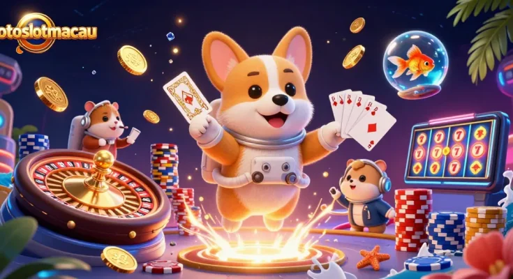 Try your luck with totoslotmacau as a whimsical corgi astronaut explores a vibrant casino in space.