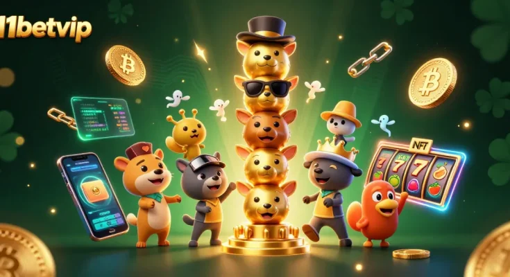 Play with 11betvip in a vibrant 3D illustration showcasing slot reels, cryptocurrencies, and animated characters.