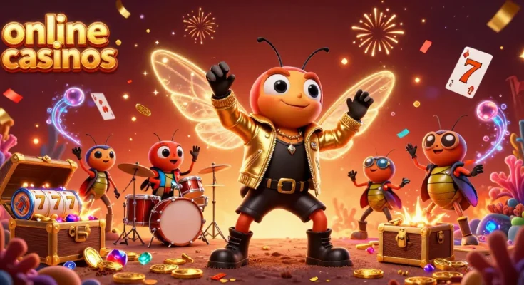 Experience the thrill of online casinos with a lively 3D illustration of a cicada rockstar and dynamic game elements.