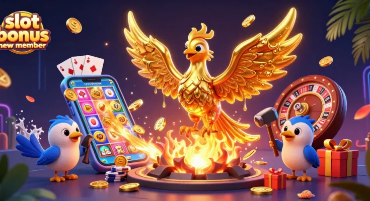Engage with a vibrant scene showcasing the slot bonus new member in a 3D casino world filled with animated coins and game elements.