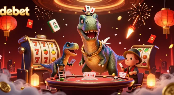 Engage in thrilling casino fun with debet's dazzling 3D scene featuring vibrant characters and game elements.