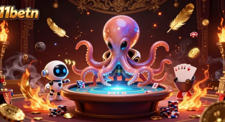 11betn alien octopus running a poker table in a vibrant cosmic casino scene