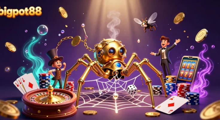 Experience seamless gaming at bigpot88 with a steampunk spider catching dice and golden elements.
