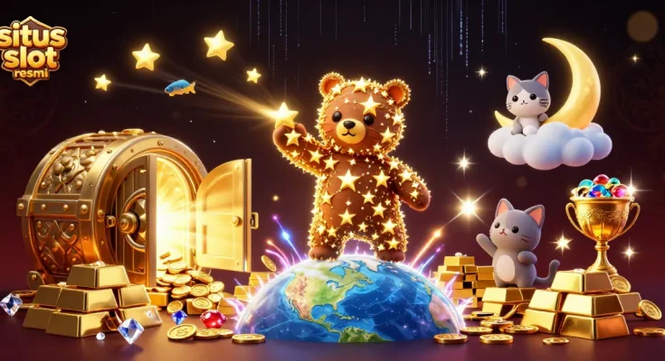 Engage with situs slot resmi as the constellation bear scoops coins from Earth, surrounded by treasures.