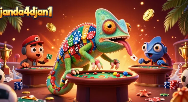 Ikon janda4djan1 menampilkan chameleon kasino bertema olahraga menarik dengan elemen taruhan yang dinamis.