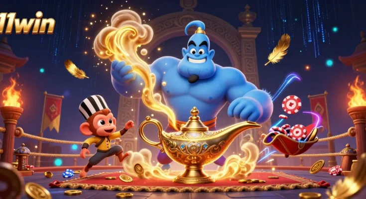 Experience thrilling action at 11win with a colorful 3D casino scene featuring a genie and poker chips.
